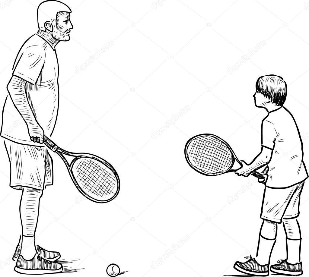 An elderly man playing tennis with his grandson