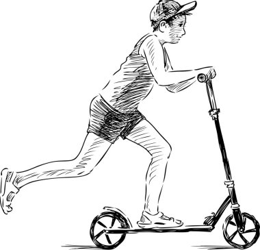 Yaz günü scooter süren bir gencin çizimi.
