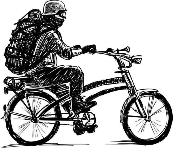 戴着头盔和面具背着背包骑自行车的人的画像 — 图库矢量图片