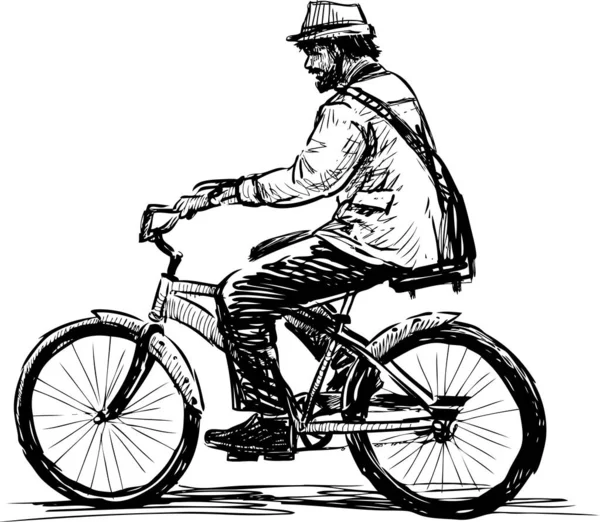 Esboço Homem Barbudo Chapéu Andando Bicicleta —  Vetores de Stock