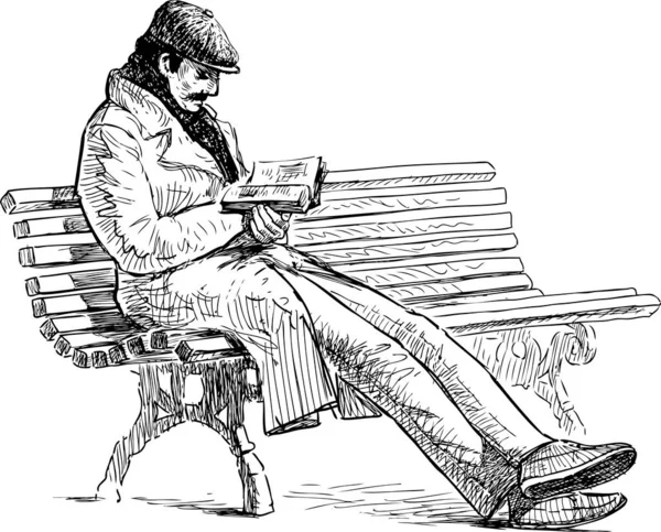 Skizze Eines Mannes Mit Schnurrbart Der Auf Einer Parkbank Sitzt — Stockvektor