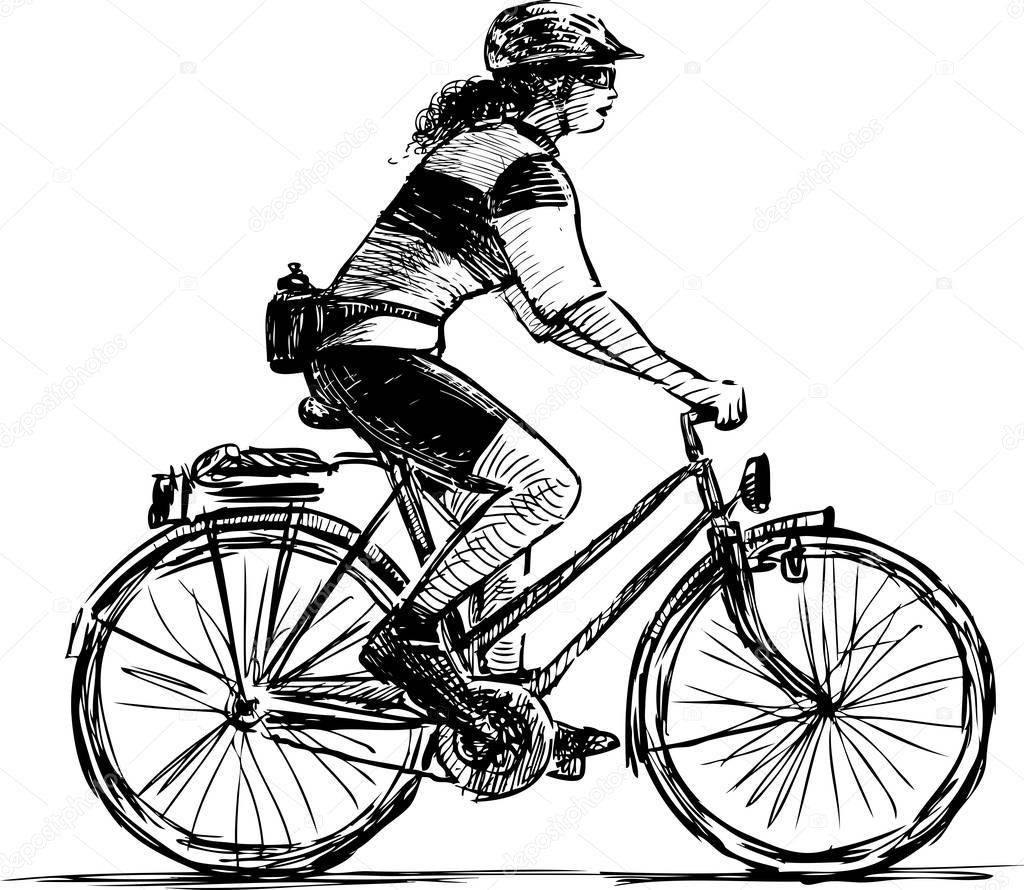 Sketch of sports girl in helmet riding a bicycle