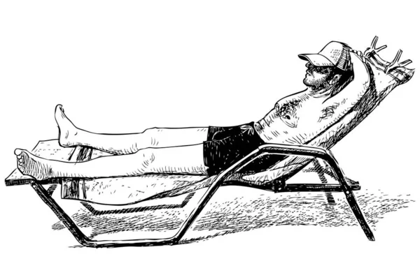 Tekening Van Mens Zonnebaden Ligstoel Aan Kust — Stockvector