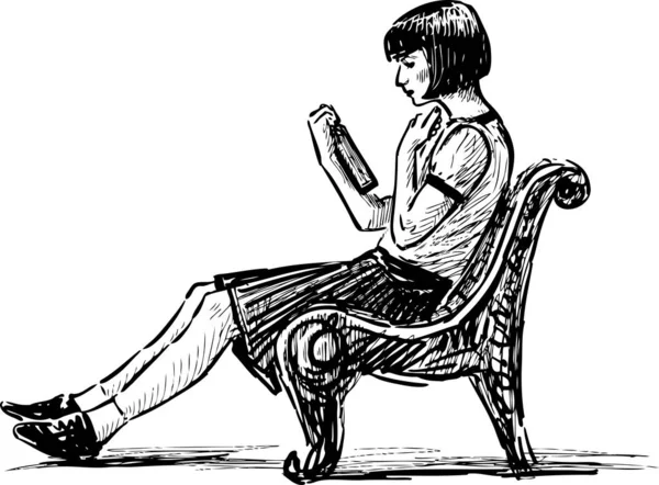 Sketch Young Girl Sitting Park Bench Reading Book — 图库矢量图片