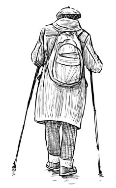 Norveç 'te sırt çantalı, sopalı yaşlı bir kadının çizimi.