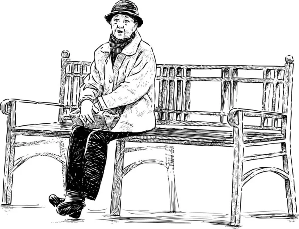 Croquis Femme Âgée Chapeau Assise Sur Banc Parc — Image vectorielle