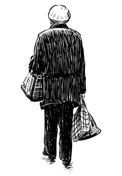 都会の通りを歩いて袋を持ったお年寄りの女性のスケッチ — ストックベクタ