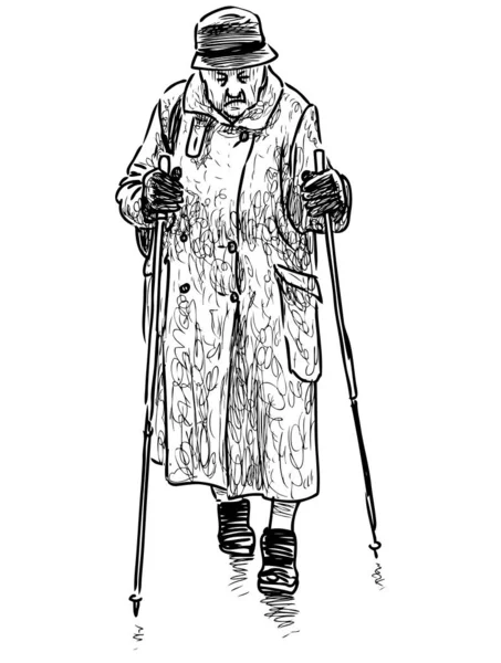 ノルウェー語で古い町の女性のスケッチ棒で歩く — ストックベクタ