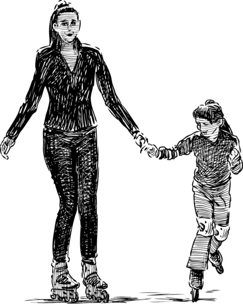 Skizze Einer Jungen Mutter Mit Ihrer Kleinen Tochter Auf Rollschuhen — Stockvektor