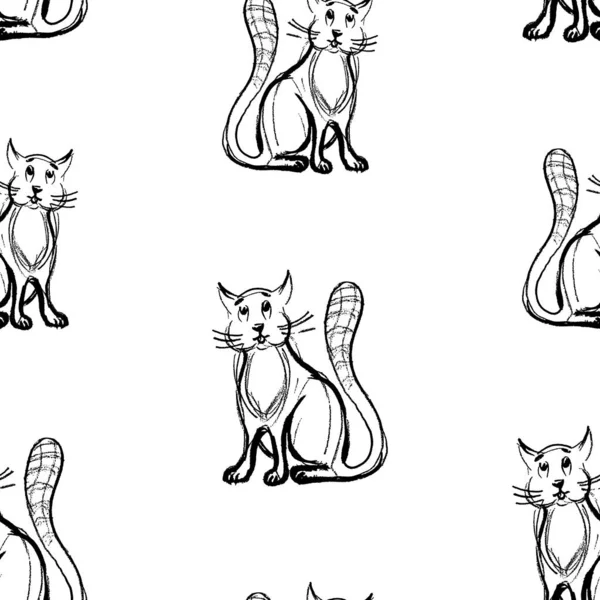 Seamless Pattern Sitting Cartoon Domestic Cats Sketches — Stock vektor