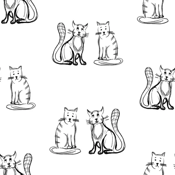 シームレスなパターンのアウトライン面白い漫画の国内猫 — ストックベクタ