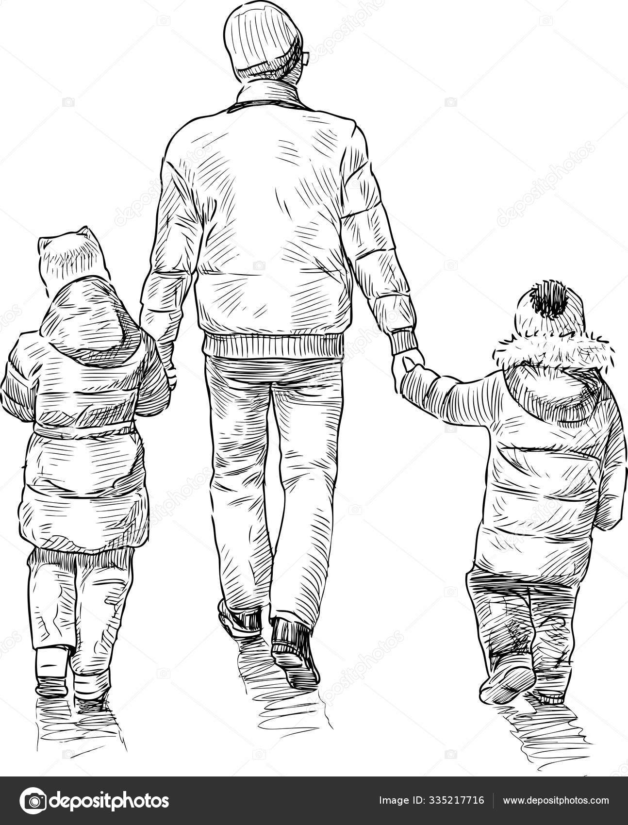 Sketsa Orang Tua Dengan Anak Anak Kecilnya Berjalan Jalan Stok Vektor C Samakarov Mail Ru 335217716