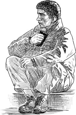 Cep telefonuyla bekleyen üzgün bir adamın robot resmi.