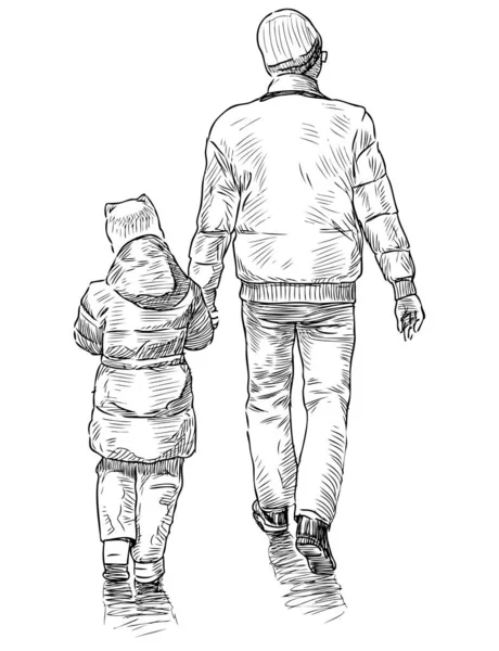 Sketch Father His Little Daughter Going Walk — ストックベクタ