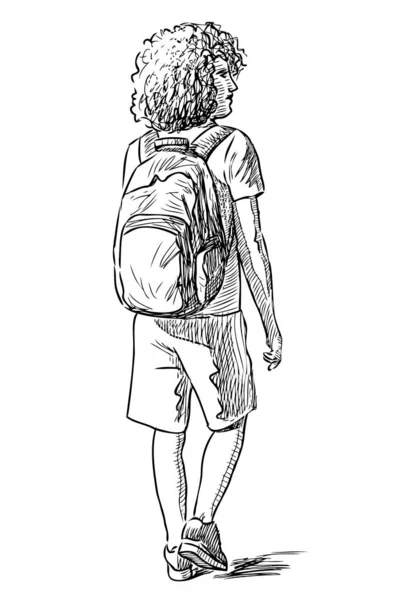 Sketch Teen Boy Backpack Going Street Summer Day — 스톡 벡터