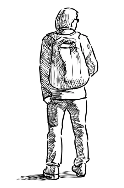 Sketch Young Man Backpack Standing Street Looking — 스톡 벡터