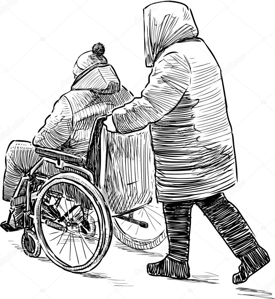 Sketch of disabled person in wheelchair with nurse on a walk