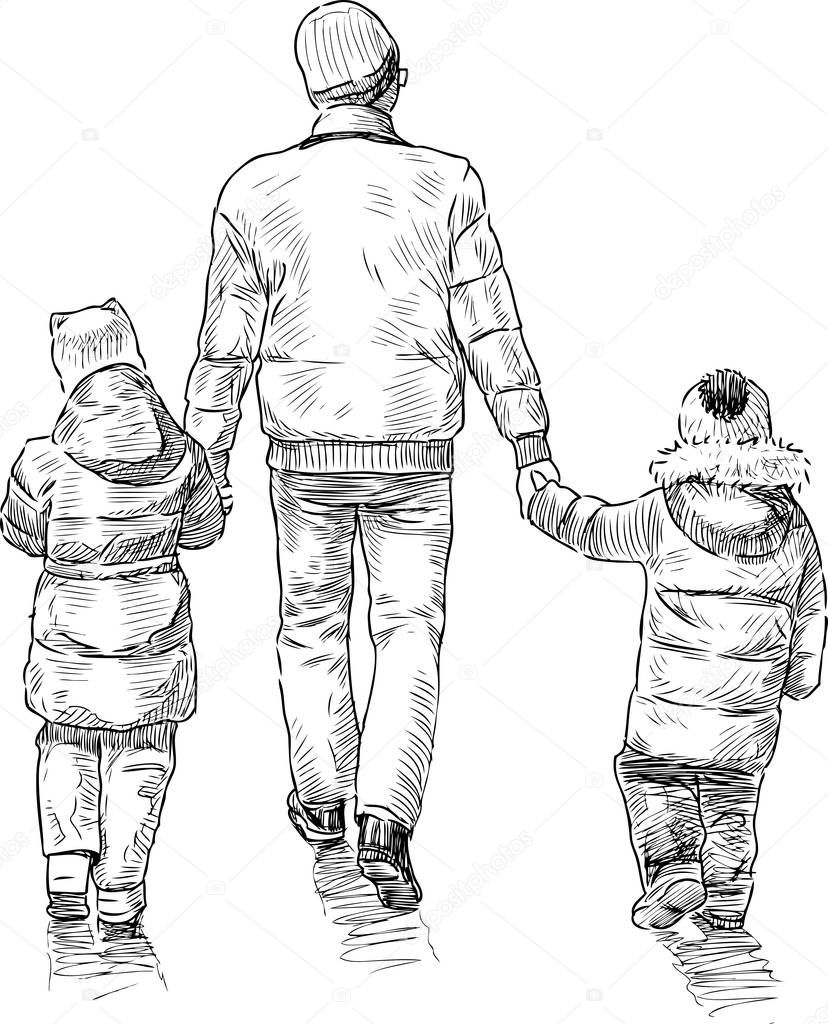 Sketch of parent with his little children going for a stroll