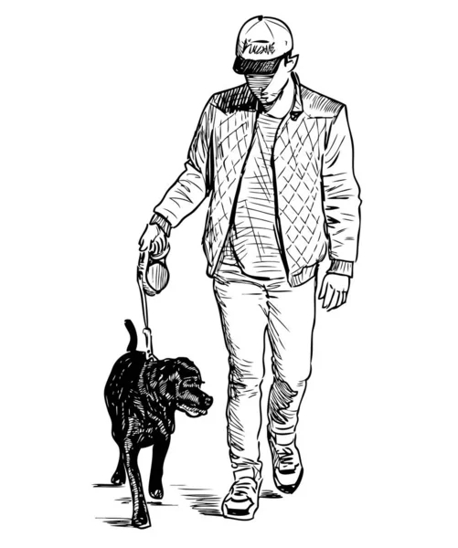 Sketch Teen Boy His Dog Walking Stroll — Stock Vector