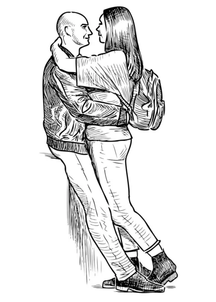 Szkic Zakochanych Młodych Ludzi Przytulających Się Ulicy Miejskiej — Wektor stockowy