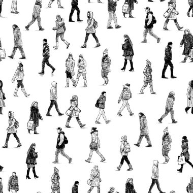 Çizimlerin kusursuz arkaplanı sokak boyunca yürüyen sıradan şehir yayaları