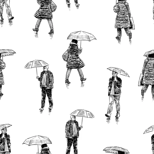 Seamless Background Sketches Citizens Walking Umbrellas Rain — Stock Vector