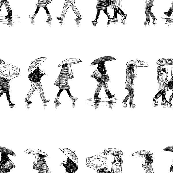 Бесшовная Картина Случайных Граждан Идущих Зонтиками Дождем — стоковый вектор