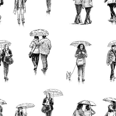 Taslakların kusursuz bir geçmişi var. Şemsiyeler altında sokak boyunca yürüyen kasaba halkı.