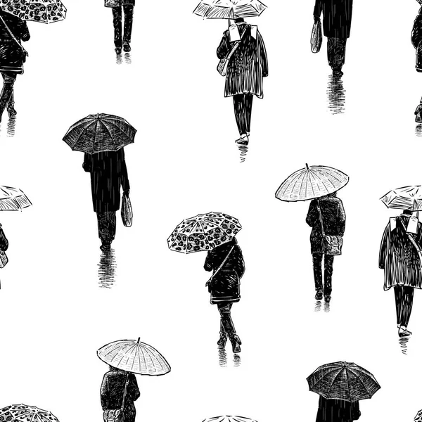 Zökkenőmentes Minta Rajzok Polgárok Séta Esernyők Alatt Városi Utcában — Stock Vector
