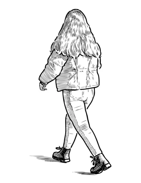 Bosquejo Chica Adolescente Con Pelo Largo Caminando Por Calle — Vector de stock