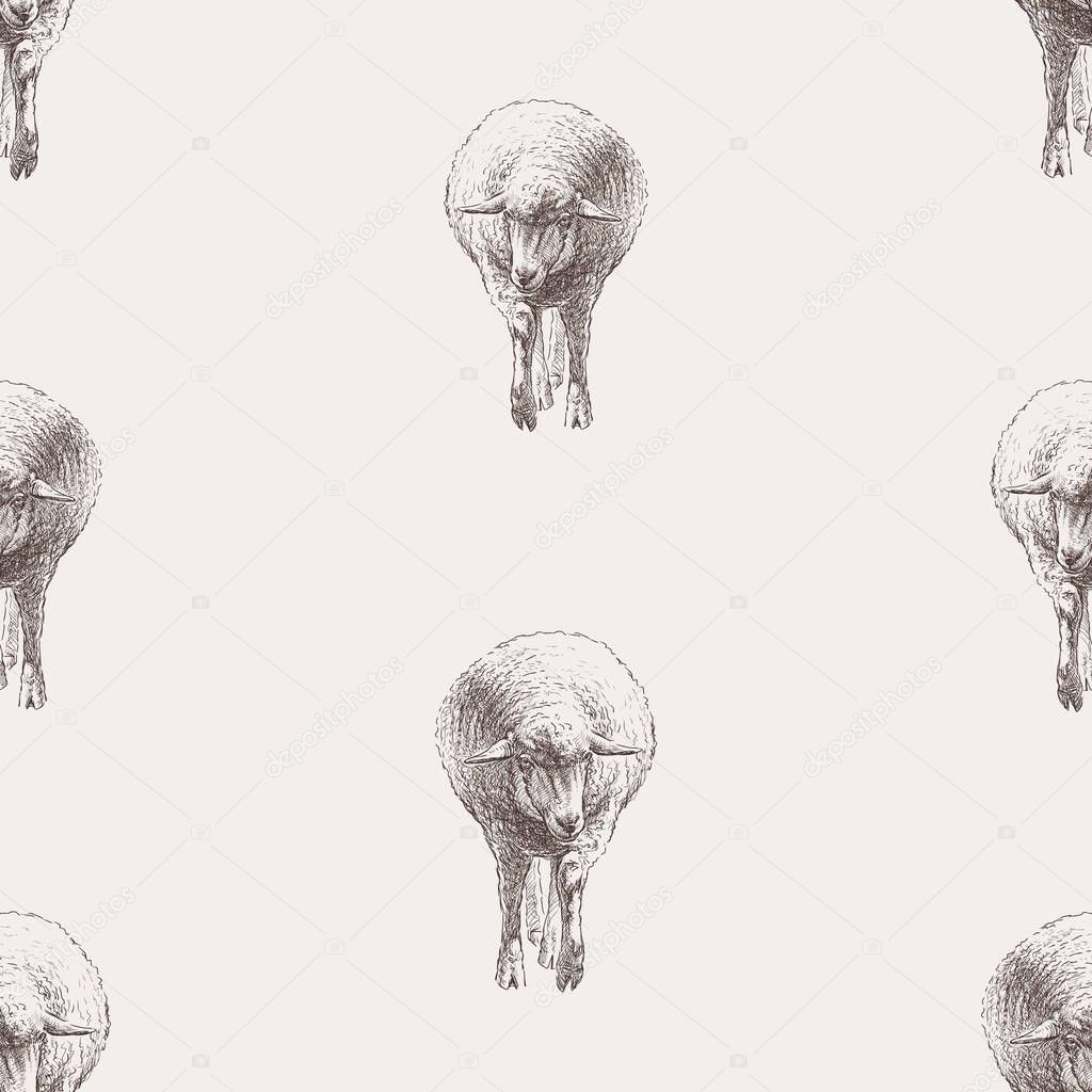 Seamless pattern of sketches walking funny sheeps