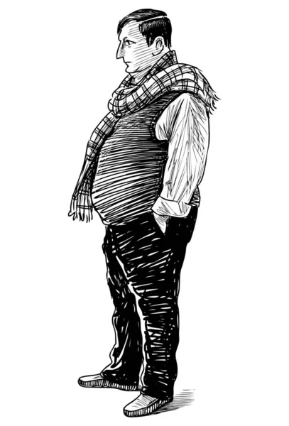 带着格子围巾站着思考的肥胖男人的画像 — 图库矢量图片