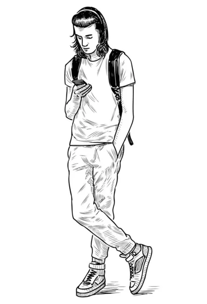 Croquis Étudiant Adolescent Debout Regardant Son Smartphone — Image vectorielle