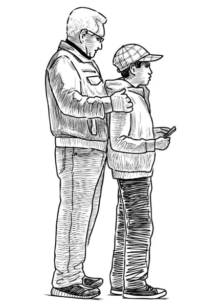 Skizze Eines Älteren Mannes Mit Seinem Enkel Ist Auf Exkursion — Stockvektor