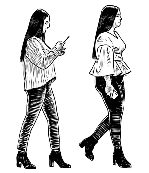 Sketch Two City Girls Smartphones Walking Street — Stock Vector