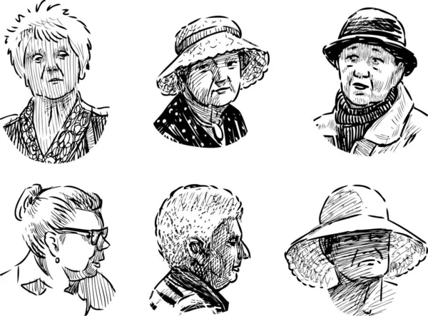 Skizzen Von Gesichtern Verschiedener Älterer Frauen — Stockvektor