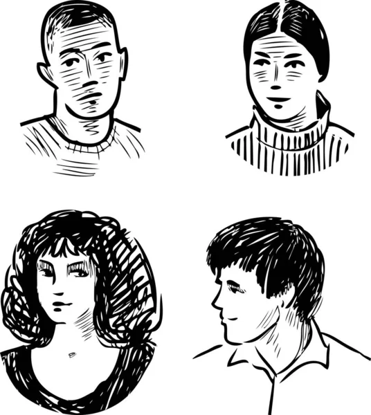 Skizzen Von Gesichtern Verschiedener Junger Menschen — Stockvektor