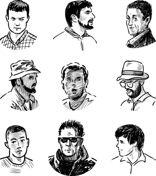 Skizzen Von Gesichtern Verschiedener Lässiger Männer — Stockvektor