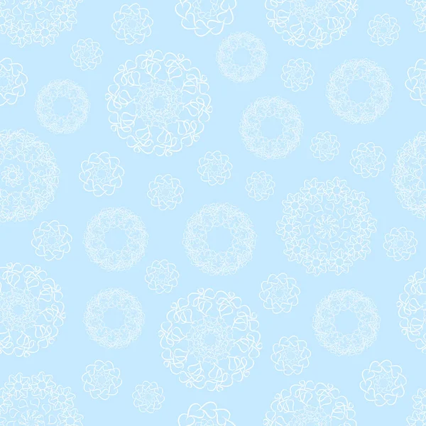 Абстрактный орнаментальный рисунок. Белые снежинки и круги на синем фоне . — стоковый вектор