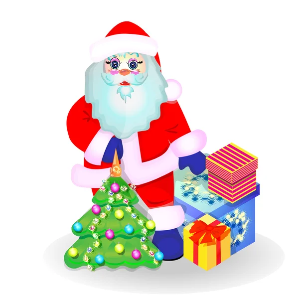 Santa Claus con regalos y un árbol de Navidad — Vector de stock