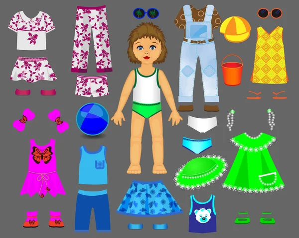 Puppenkleidung aus Papier und Set für Spiel und Kreativität. Teil 1. Sommer — Stockvektor