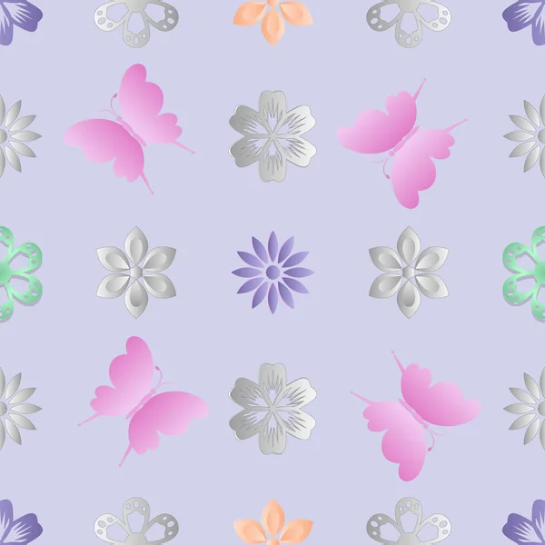 Fundo sem costura com flores e borboletas — Vetor de Stock