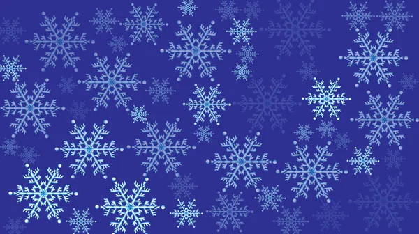 Sfondo blu con fiocchi di neve bianchi di diverse forme e trasparenza — Vettoriale Stock