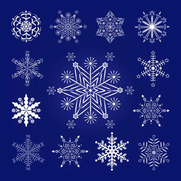 Conjunto de copos de nieve decorativos de Año Nuevo sobre un fondo azul — Archivo Imágenes Vectoriales
