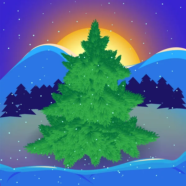 Grußkarte mit Weihnachten. Grüner Weihnachtsbaum im Winterwald — Stockfoto