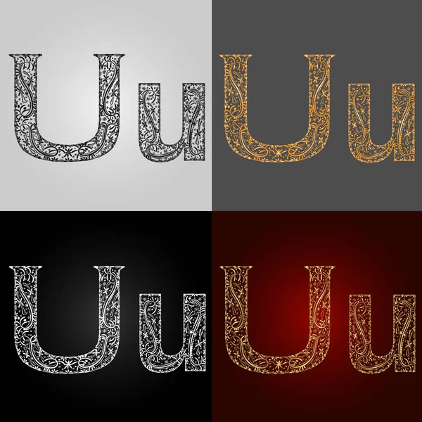 Sada vizuálních stylů abecedy. Písmeno "U". Písmo. Ručně vyráběné — Stockový vektor