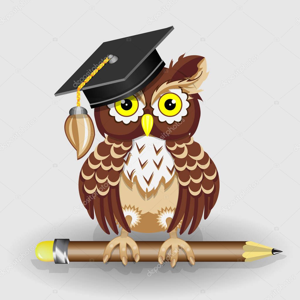 Scientist clever owl with pencil and in cap vector illustration