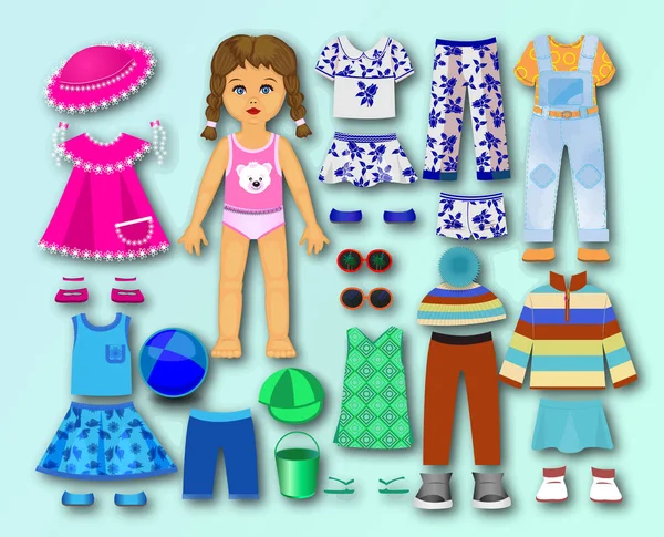 Papel Muñeca Cartón Con Ropa Para Niños — Vector de stock