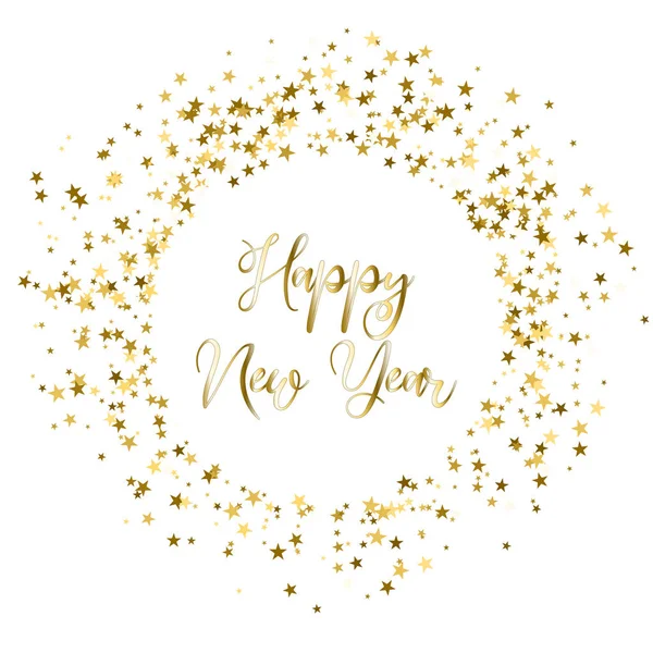 Beyaz arkaplan vektörü illüstrasyonunda altın yıldızlı yeni yıl kartı