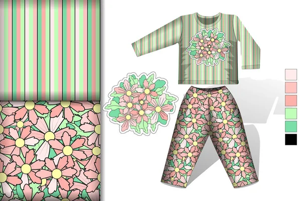 Twee naadloze patronen met pastelkleuren bloemen en strepen pyjama model, design concept voor stof en bedrukt papier, vector illustratie — Stockvector